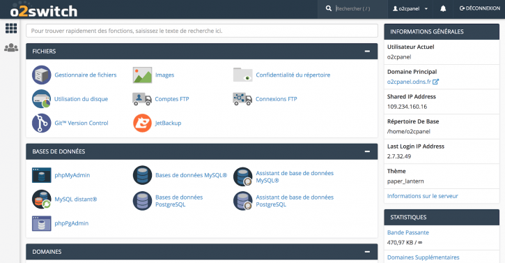 l'interface cPanel de o2switch