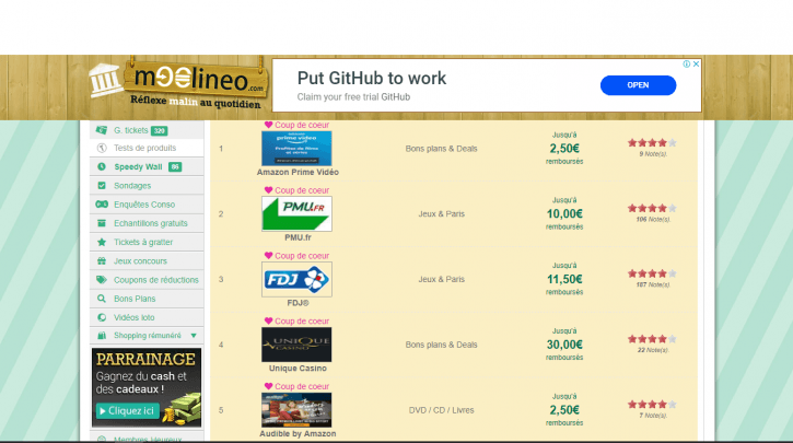 cashback Moolineo, liste de boutiques partenaires