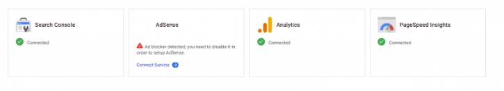 Services Google à connecter au plugin Google Site Kit