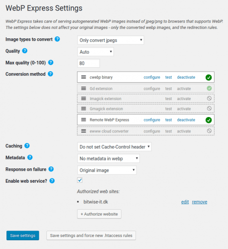 Paramètres du plugin WebP Express