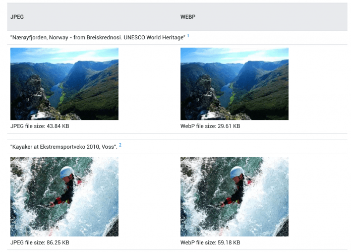 comparaison entre une image JPEG et une image WebP